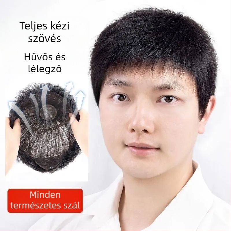 Férfi teljes fejű paróka valódi hajból, rövid hajhosszal, könnyű és lélegző, teljesen kézzel kötött, modell Maomao, természetes megjelenés, fedés az őszülésre, festhető