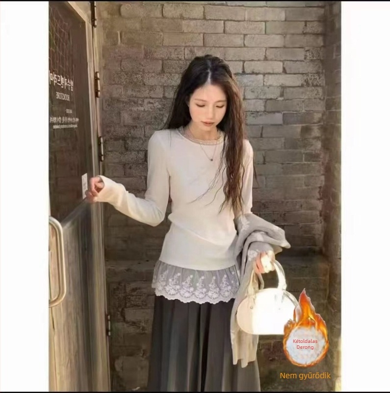 Női hosszú ujjú T‑shirt csipés patchwork és V‑nyakú, középső hossz, karcsú illeszkedés, poliészter anyag