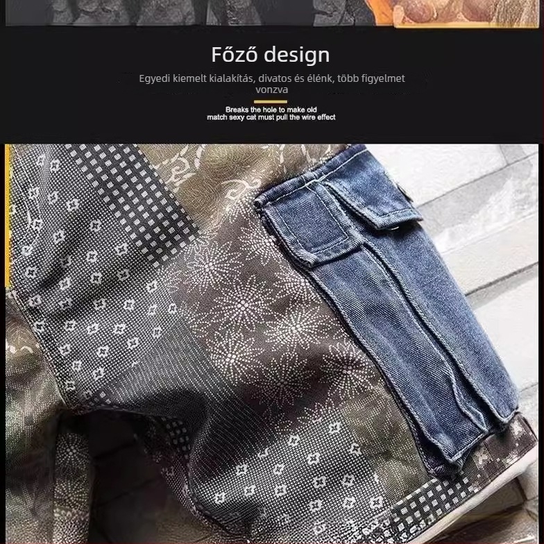 Férfi denim rövidnadrág, középmagos derekú, cipzáras záródás, több zseb, nyári casual viselet