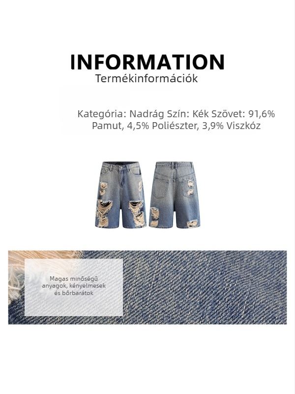 Capri farmernadrág, hip-hop szakadt denim, lazán szabott egyenes szár, vízzel mosott, cipzár