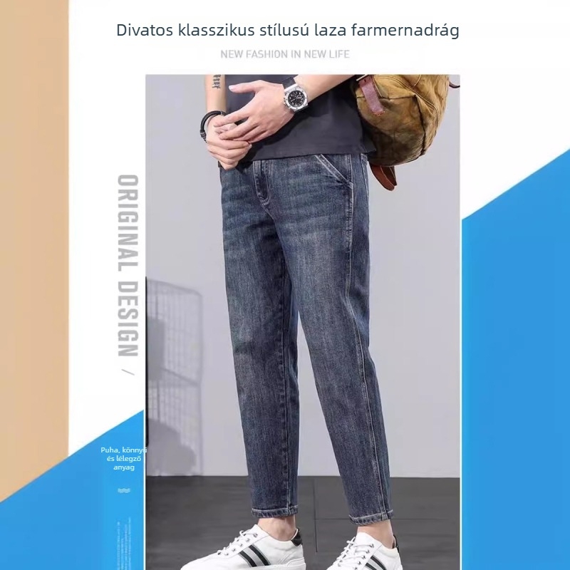 Farmernadrág, koreai stílusú alap, egyenes szárú, középmagas derék, cropped farmer elasztikussal