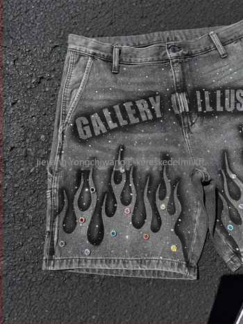 Uniszex denim rövidnadrág, egyenes szabás, hip-hop stílus, pamut anyag