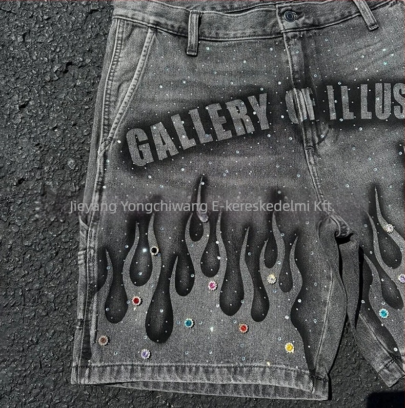 Uniszex denim rövidnadrág, egyenes szabás, hip-hop stílus, pamut anyag