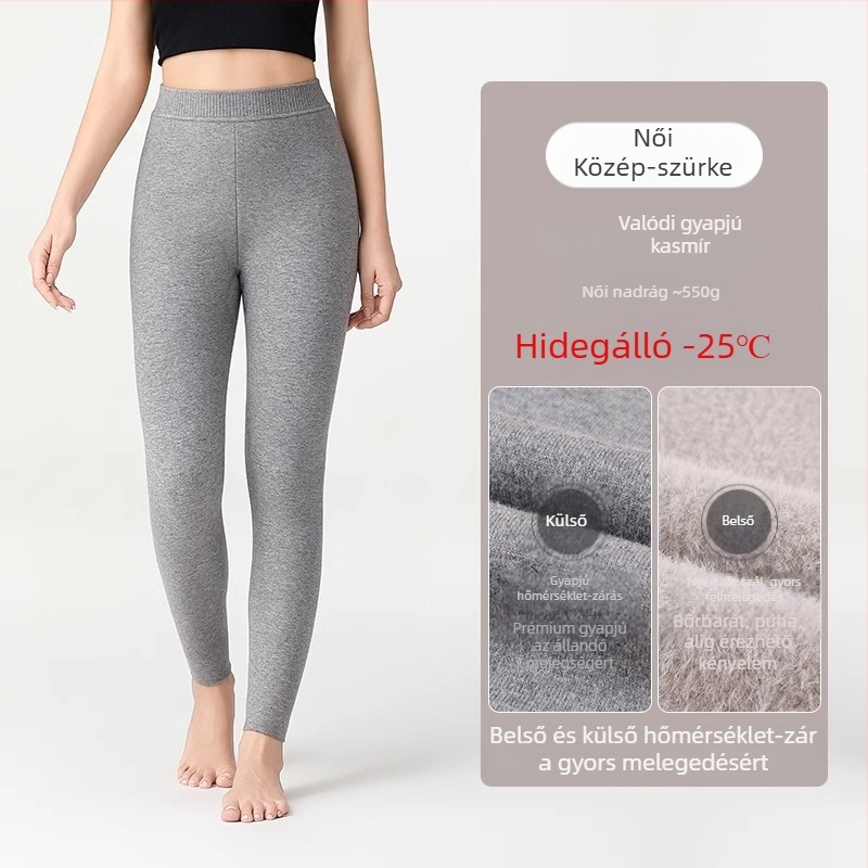 Uniszex gyapjú-kasmír téli meleg nadrág, magas derekú, elasztikus, karcsúsított fazon, fleece béléssel