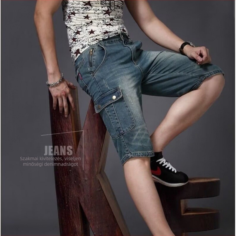 Férfi Capri hosszú farmernadrág, distressed vintage kinézet, pamut anyag, több zseb, cargo stílus