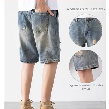 Férfi szakadt denim rövidnadrág, középmagasságú, egyenes szabású, koreai stílus, több zseb