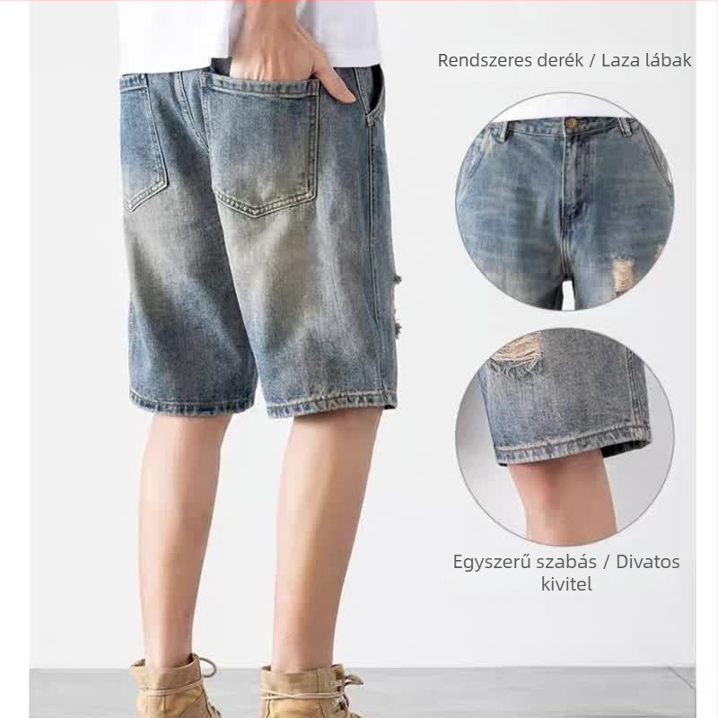 Férfi szakadt denim rövidnadrág, középmagasságú, egyenes szabású, koreai stílus, több zseb