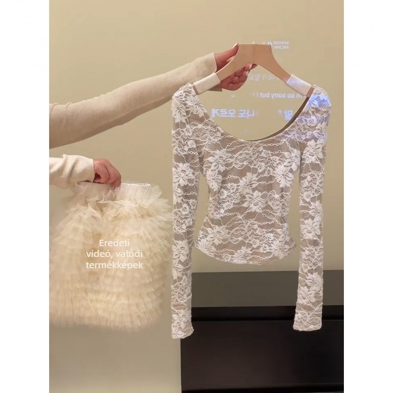 Derékot hangsúlyozó hosszú ujjú 3D mintázatú póló, négyszög-kör gallérral, városi elegáns stílus