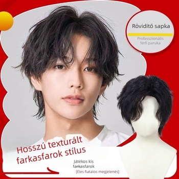 Férfi paróka valódi hajból, mullet-stílusú, teljes sapkás paróka, kézzel szőtt, rövid hosszúság