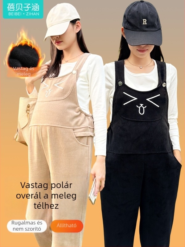 Kismama overál fleece-betéttel, vastag anyagból, ősz-tél 2026, egybeöltözet, kényelmes vécéhasználat, kis méretek