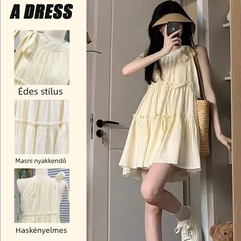 Kismama nyári ruha, halternyakú, ujjatlan, édes tündér-stílus kis termetű kismamáknak