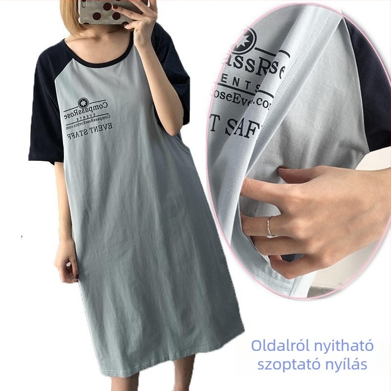 Anyasági ruha szoptatási nyílással, középméretű, pamut-elastán keverék, betűk mintázat, rövid ujjú, kerek nyakú