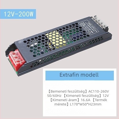 LED állandófeszültségű kapcsolóüzemű tápegység, bemenet 220V AC, kimenet 12–24V DC, max. 16,6A, 400W, védelem: túlterhelés, rövidzárlat, túlfeszültség, túlmelegedés, túláram