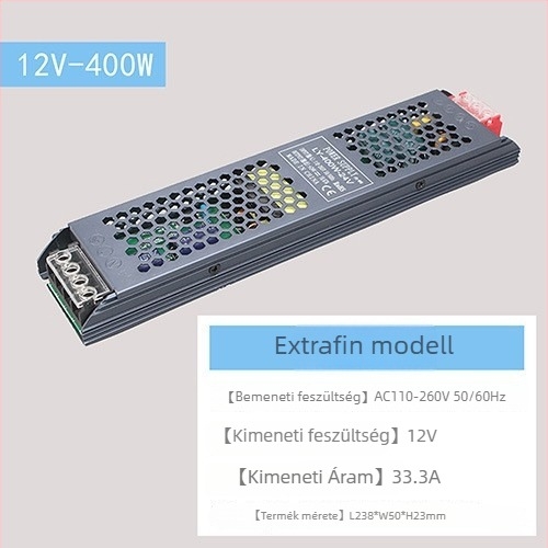 LED állandófeszültségű kapcsolóüzemű tápegység, bemenet 220V AC, kimenet 12–24V DC, max. 16,6A, 400W, védelem: túlterhelés, rövidzárlat, túlfeszültség, túlmelegedés, túláram