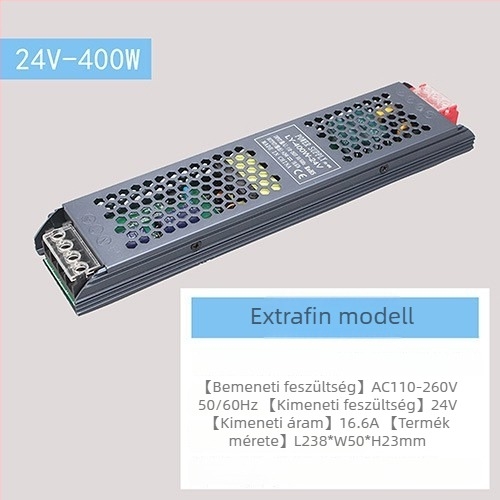 LED állandófeszültségű kapcsolóüzemű tápegység, bemenet 220V AC, kimenet 12–24V DC, max. 16,6A, 400W, védelem: túlterhelés, rövidzárlat, túlfeszültség, túlmelegedés, túláram
