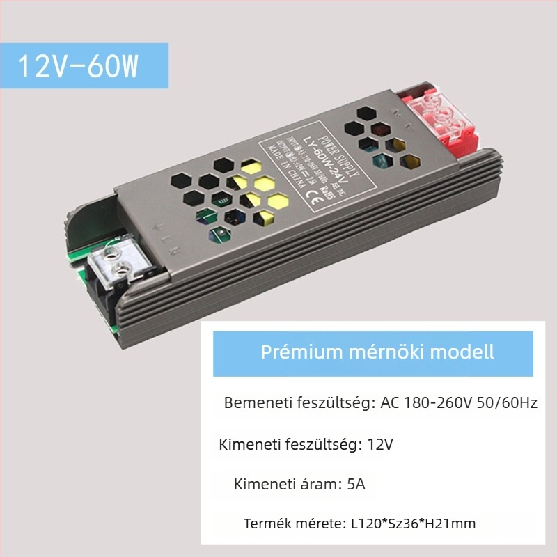 LED állandófeszültségű kapcsolóüzemű tápegység, bemenet 220V AC, kimenet 12–24V DC, max. 16,6A, 400W, védelem: túlterhelés, rövidzárlat, túlfeszültség, túlmelegedés, túláram