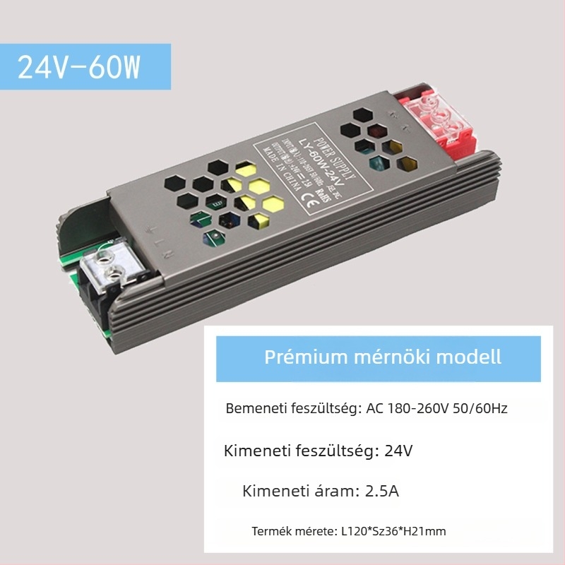 LED állandófeszültségű kapcsolóüzemű tápegység, bemenet 220V AC, kimenet 12–24V DC, max. 16,6A, 400W, védelem: túlterhelés, rövidzárlat, túlfeszültség, túlmelegedés, túláram