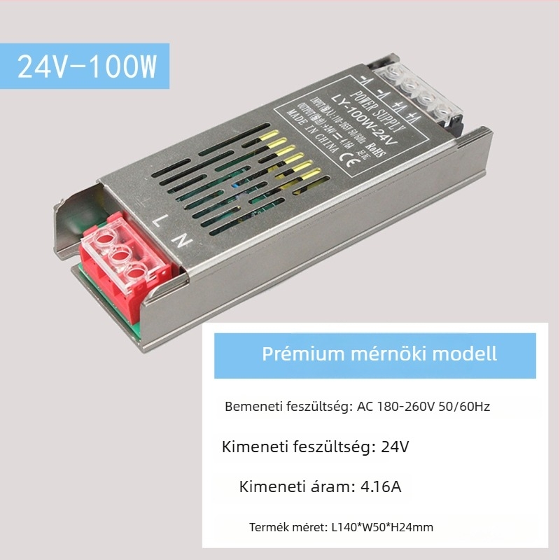 LED állandófeszültségű kapcsolóüzemű tápegység, bemenet 220V AC, kimenet 12–24V DC, max. 16,6A, 400W, védelem: túlterhelés, rövidzárlat, túlfeszültség, túlmelegedés, túláram