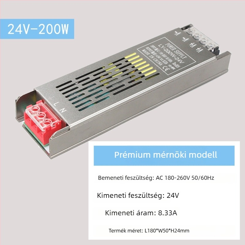 LED állandófeszültségű kapcsolóüzemű tápegység, bemenet 220V AC, kimenet 12–24V DC, max. 16,6A, 400W, védelem: túlterhelés, rövidzárlat, túlfeszültség, túlmelegedés, túláram