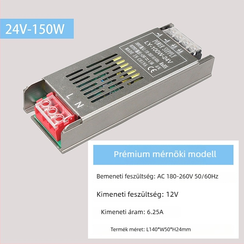 LED állandófeszültségű kapcsolóüzemű tápegység, bemenet 220V AC, kimenet 12–24V DC, max. 16,6A, 400W, védelem: túlterhelés, rövidzárlat, túlfeszültség, túlmelegedés, túláram