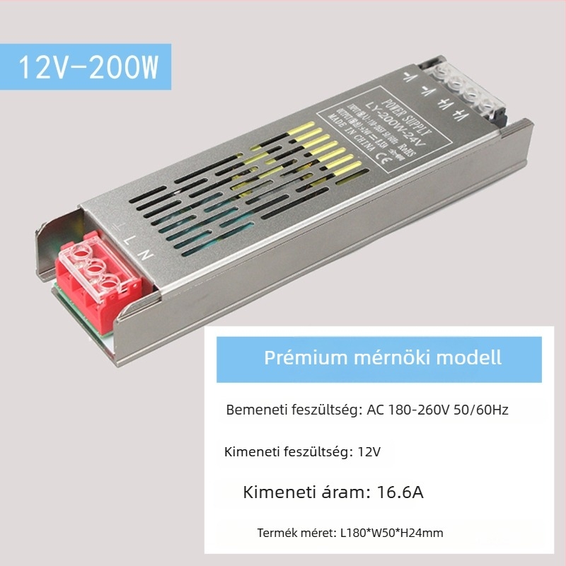 LED állandófeszültségű kapcsolóüzemű tápegység, bemenet 220V AC, kimenet 12–24V DC, max. 16,6A, 400W, védelem: túlterhelés, rövidzárlat, túlfeszültség, túlmelegedés, túláram