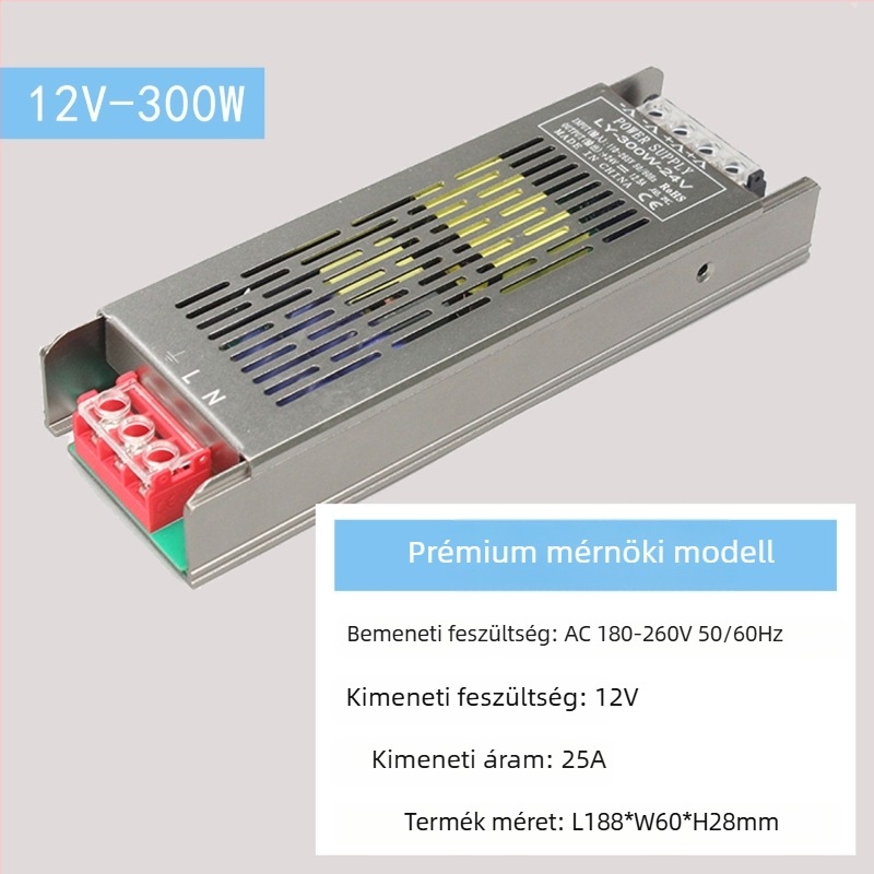 LED állandófeszültségű kapcsolóüzemű tápegység, bemenet 220V AC, kimenet 12–24V DC, max. 16,6A, 400W, védelem: túlterhelés, rövidzárlat, túlfeszültség, túlmelegedés, túláram
