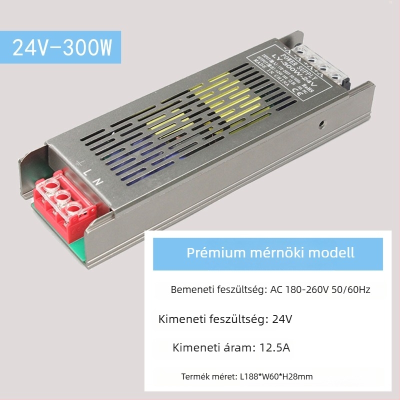 LED állandófeszültségű kapcsolóüzemű tápegység, bemenet 220V AC, kimenet 12–24V DC, max. 16,6A, 400W, védelem: túlterhelés, rövidzárlat, túlfeszültség, túlmelegedés, túláram
