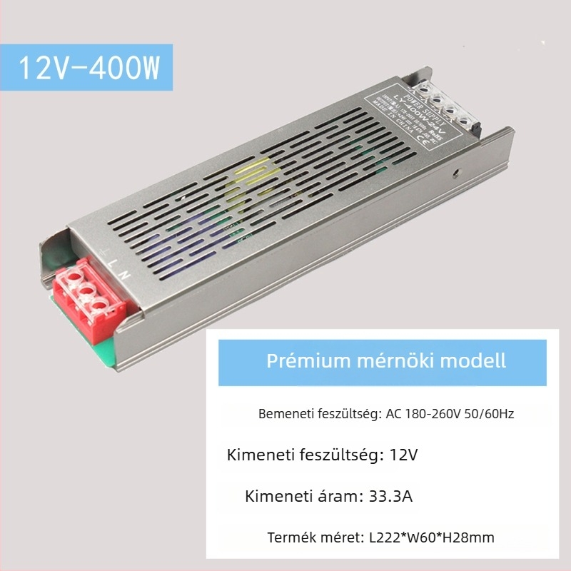 LED állandófeszültségű kapcsolóüzemű tápegység, bemenet 220V AC, kimenet 12–24V DC, max. 16,6A, 400W, védelem: túlterhelés, rövidzárlat, túlfeszültség, túlmelegedés, túláram