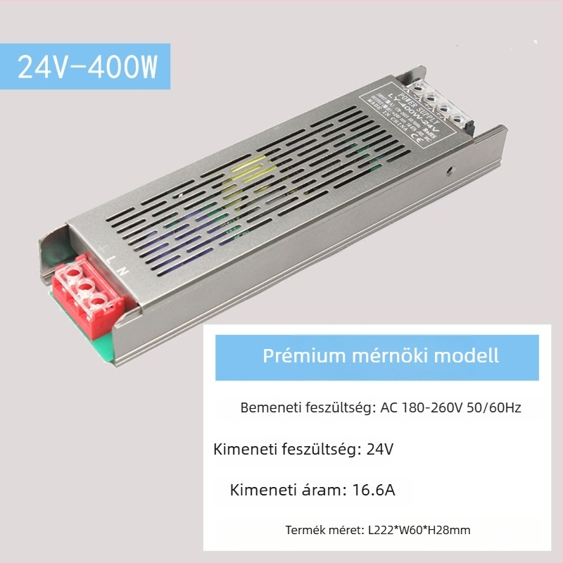 LED állandófeszültségű kapcsolóüzemű tápegység, bemenet 220V AC, kimenet 12–24V DC, max. 16,6A, 400W, védelem: túlterhelés, rövidzárlat, túlfeszültség, túlmelegedés, túláram