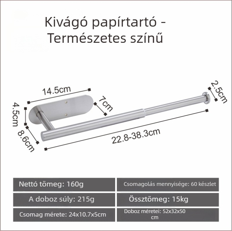 Rozsdamentes acél törölközőtartó, csiszolt felület, 5 kg teherbírás, fúrás nélkül, 1 réteg