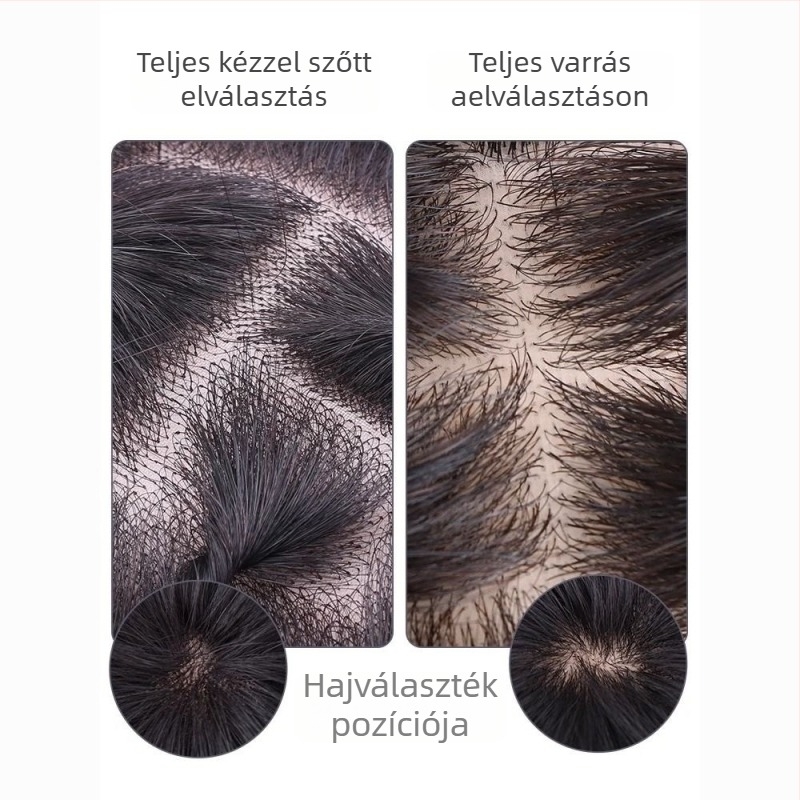 Férfi paróka emberi hajból, rövid hossz, teljesen kézzel kötött, lélegző fejbőr, festhető