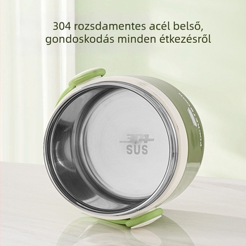 304 rozsdamentes acélból készült hőszigetelt ebédes doboz, kétszintes, két rekesz, nagy kapacitás, tartalmaz evőeszközöket