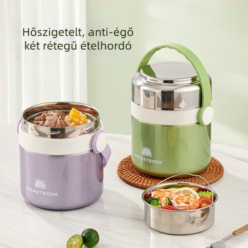304 rozsdamentes acélból készült hőszigetelt ebédes doboz, kétszintes, két rekesz, nagy kapacitás, tartalmaz evőeszközöket