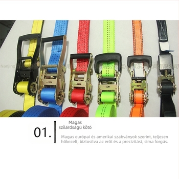 Kétoldalas kampós teherköteg feszítő – Modell LVTDR-HH; Anyag: nagy szilárdságú poliészter; Alkalmazás: rakomány kötése és megerősítése