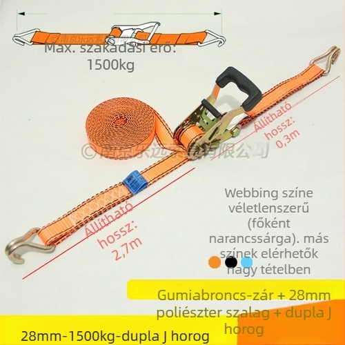 Kétoldalas kampós teherköteg feszítő – Modell LVTDR-HH; Anyag: nagy szilárdságú poliészter; Alkalmazás: rakomány kötése és megerősítése