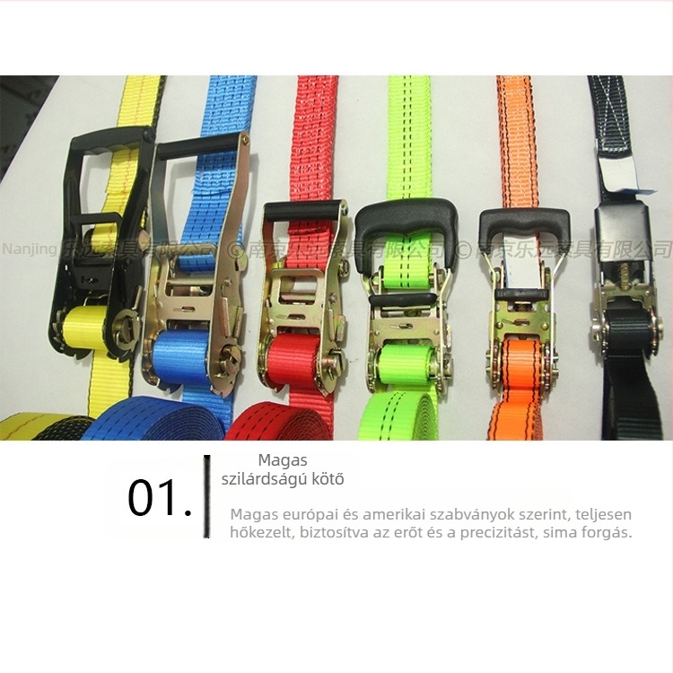 Kétoldalas kampós teherköteg feszítő – Modell LVTDR-HH; Anyag: nagy szilárdságú poliészter; Alkalmazás: rakomány kötése és megerősítése