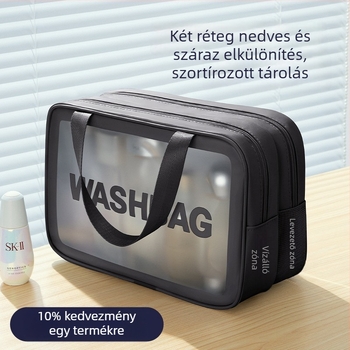 Nedves-száraz elkülönítésű kozmetikai táska, vízálló, nagy kapacitású, kocka alakú, PU+PVC anyag