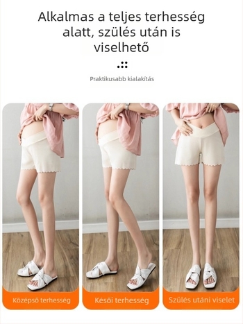 Kismama nyári capri nadrág – vékony, gyorsan száradó, magas derék, karcsúsított szabás, pocak-támasz, laza pizsama-short