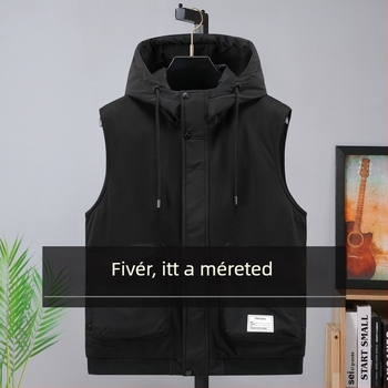 Kapucnis pamut töltött mellény, laza szabás, poliészter anyag, fiatalos stílus, Mingji-line zsebek, őszi 2024.