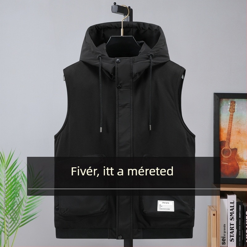 Kapucnis pamut töltött mellény, laza szabás, poliészter anyag, fiatalos stílus, Mingji-line zsebek, őszi 2024.