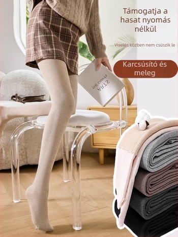 Beige terhességi harisnya függőleges csíkokkal, hasi támasz, vastag téli, plusz méret