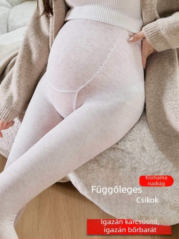 Beige terhességi harisnya függőleges csíkokkal, hasi támasz, vastag téli, plusz méret