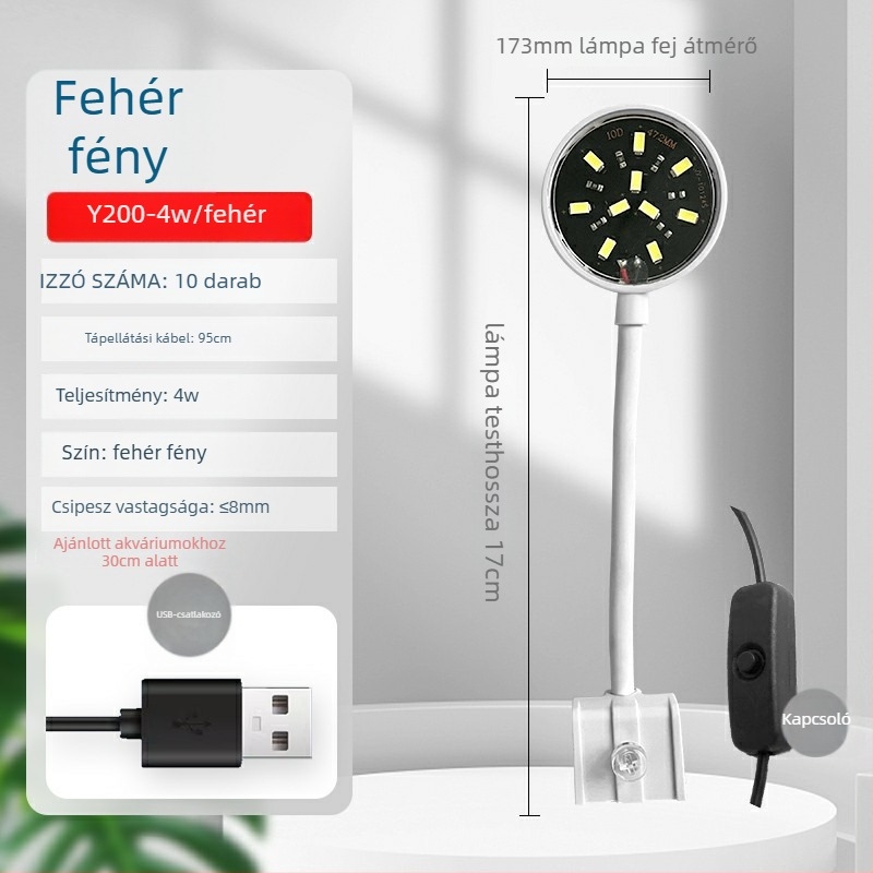 Klipszes LED akvárium világítás, USB tápegység, 4W/7W, ABS műanyag, akváriumi növények megvilágítása