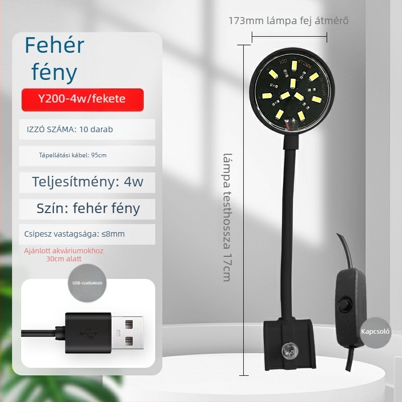 Klipszes LED akvárium világítás, USB tápegység, 4W/7W, ABS műanyag, akváriumi növények megvilágítása