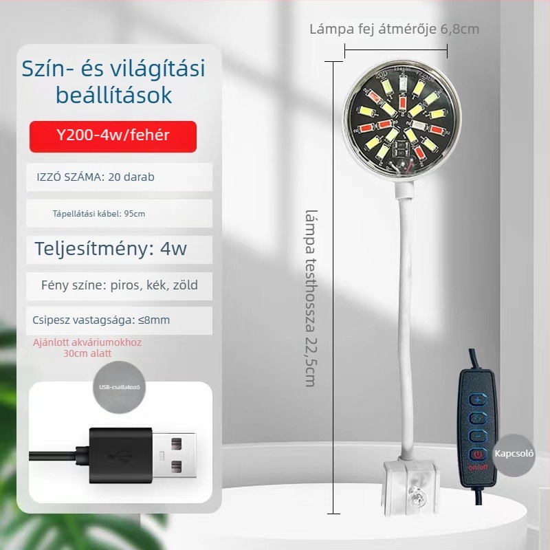 Klipszes LED akvárium világítás, USB tápegység, 4W/7W, ABS műanyag, akváriumi növények megvilágítása