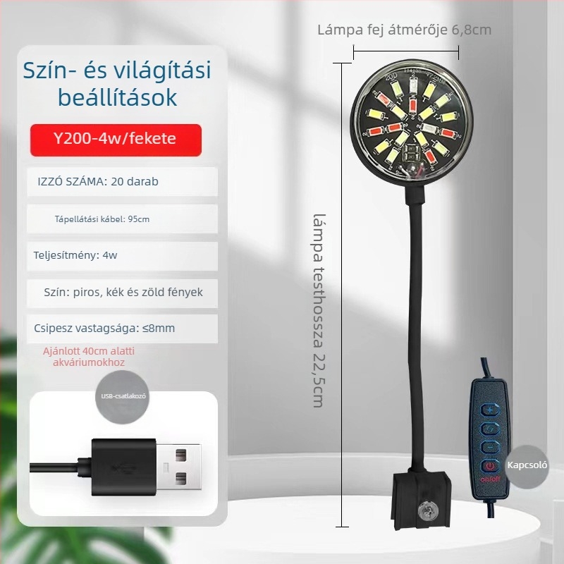 Klipszes LED akvárium világítás, USB tápegység, 4W/7W, ABS műanyag, akváriumi növények megvilágítása