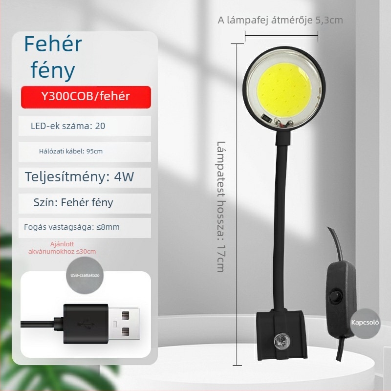 Klipszes LED akvárium világítás, USB tápegység, 4W/7W, ABS műanyag, akváriumi növények megvilágítása