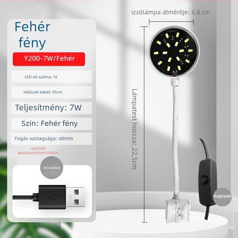 Klipszes LED akvárium világítás, USB tápegység, 4W/7W, ABS műanyag, akváriumi növények megvilágítása