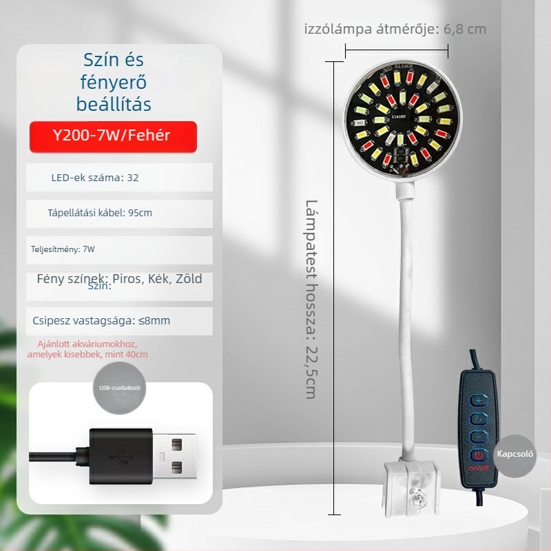 Klipszes LED akvárium világítás, USB tápegység, 4W/7W, ABS műanyag, akváriumi növények megvilágítása