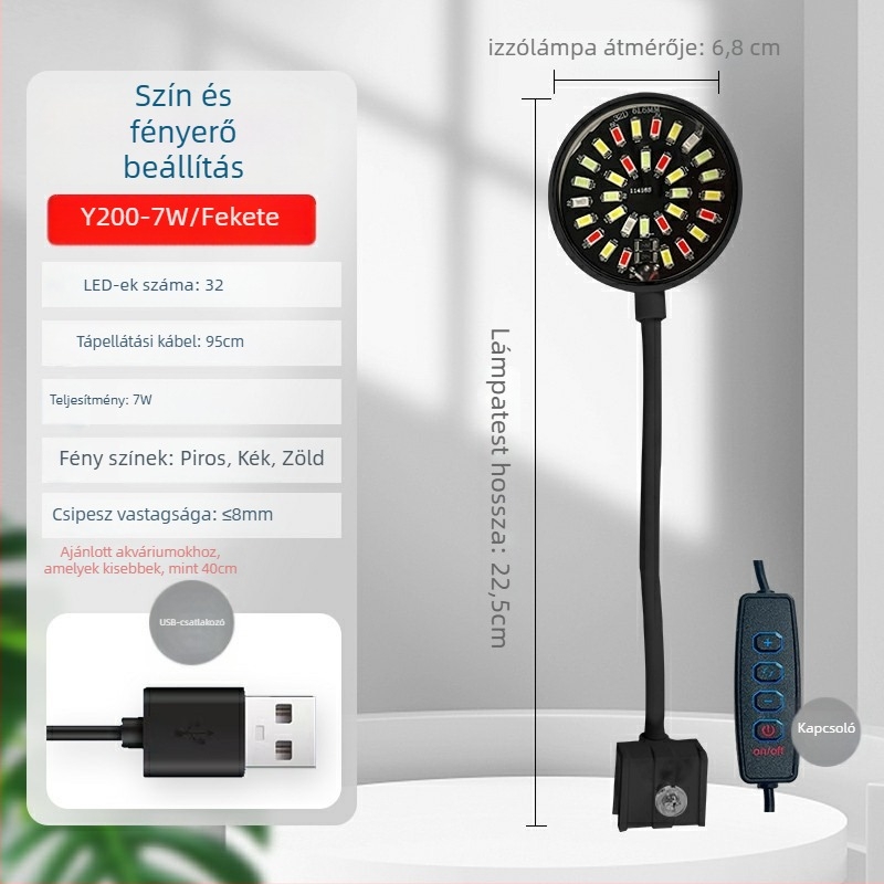 Klipszes LED akvárium világítás, USB tápegység, 4W/7W, ABS műanyag, akváriumi növények megvilágítása